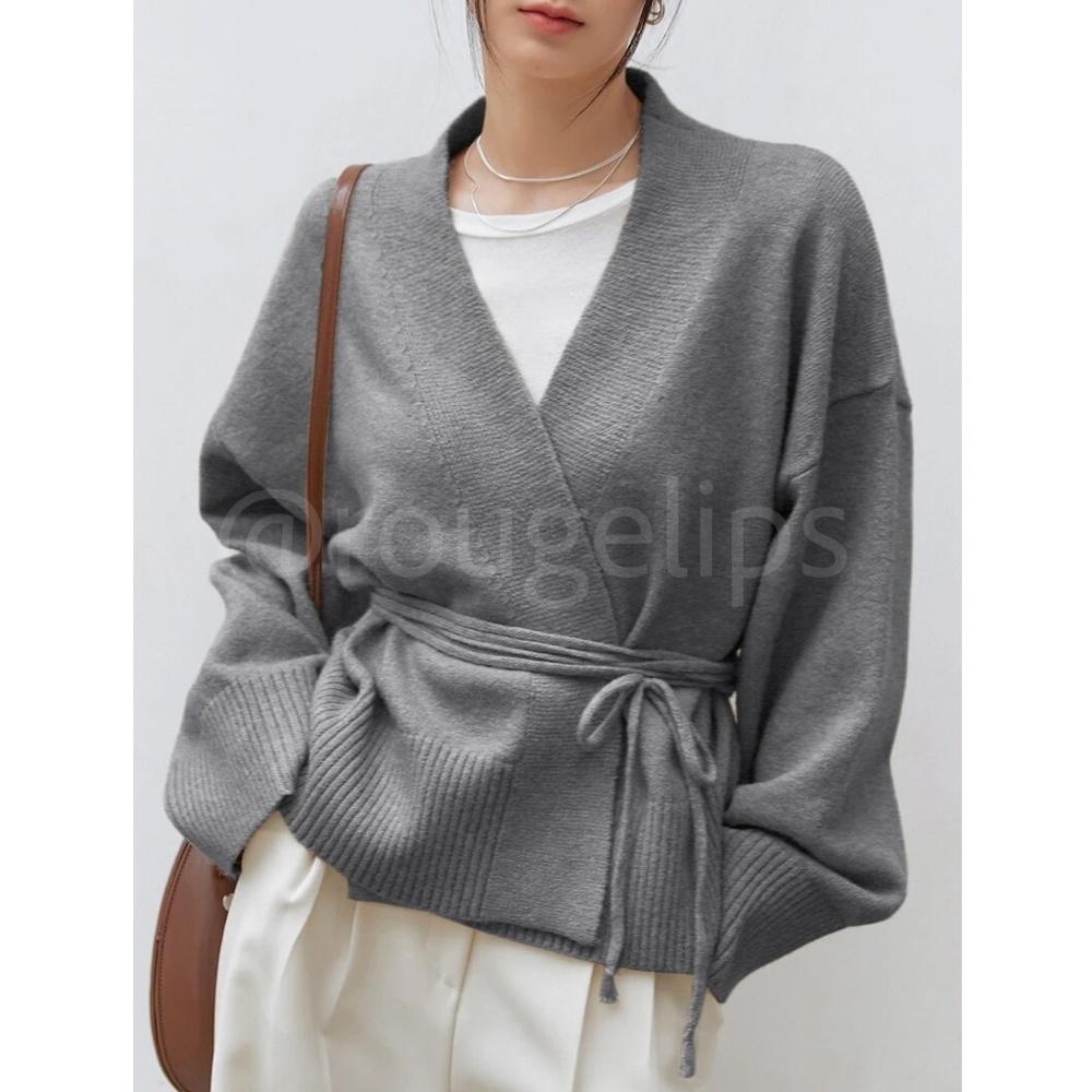 Grey Knit Kimono Sweater Tie Belt Boxy Loose Fit Drop Shoulder Wrap
